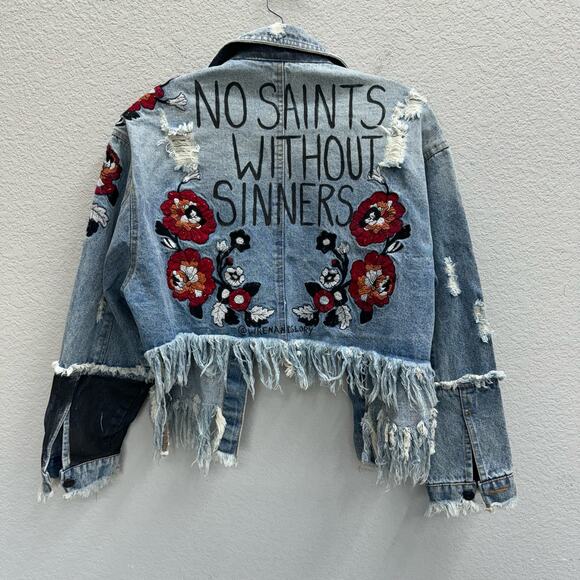 Wren + Glory No Saints Without Sinners Floral Embroidered Distressed Jean Jacket - Picture 1 of 4